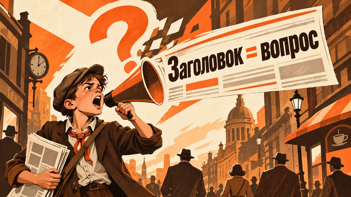 Мальчик-газетчик кричит в рупор, из которого появляется большой газетный заголовок; надпись «Заголовок = вопрос».