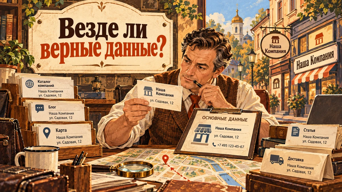 Упоминания компании на&nbsp;других сайтах: что важно для&nbsp;поиска и&nbsp;AI-ответов&nbsp;— иллюстрация с&nbsp;надписью «Везде&nbsp;ли верные данные?»