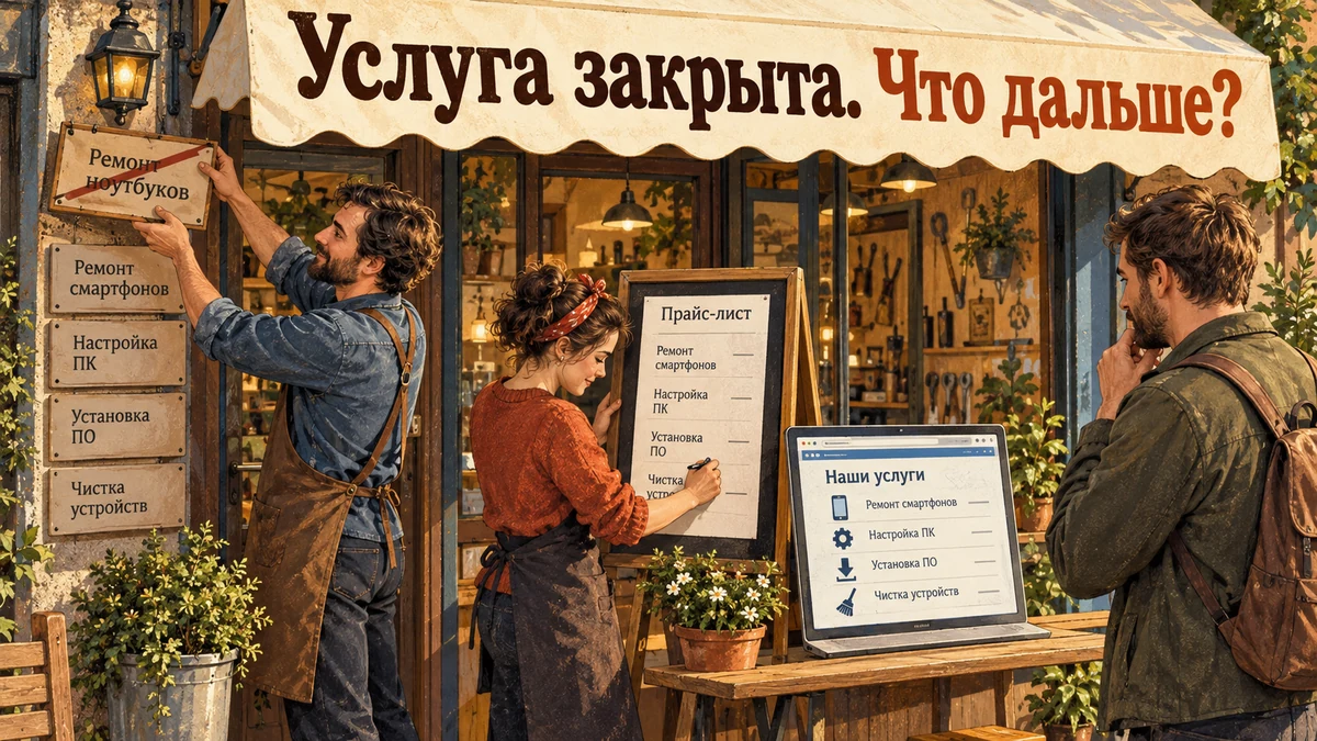 Владелец мастерской обновляет список услуг, прайс и сайт. Надпись «Услуга закрыта. Что дальше?».