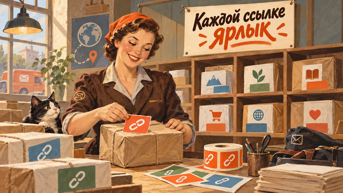 Почтальонша наклеивает цветные ярлыки на посылки и сортирует их по ячейкам; надпись «Каждой ссылке ярлык».