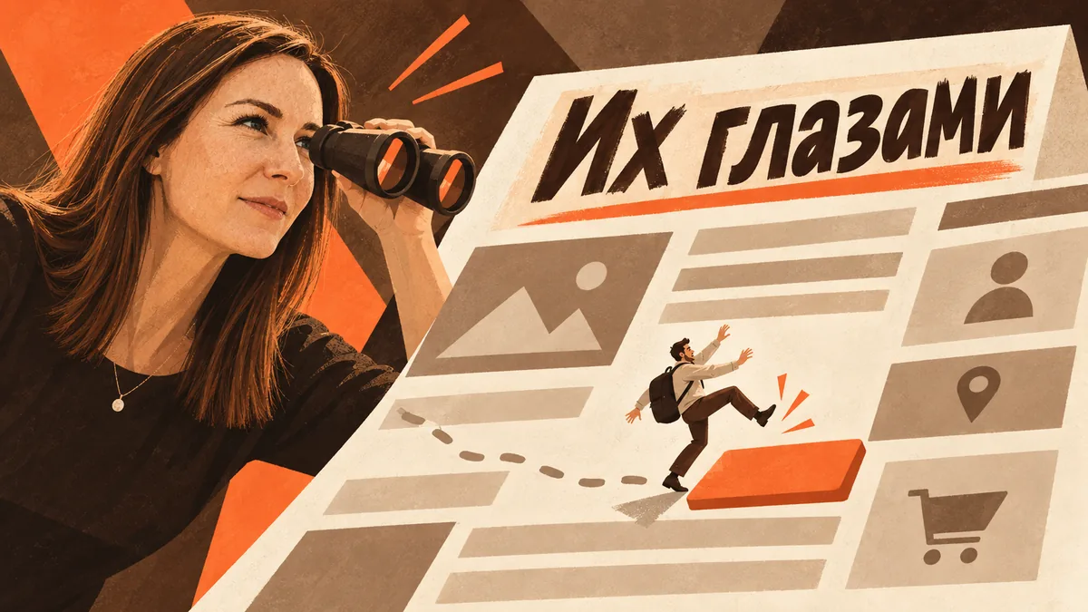Мария смотрит в&nbsp;бинокль на&nbsp;посетителя, который спотыкается о&nbsp;кнопку на&nbsp;большой странице сайта; надпись «Их&nbsp;глазами».