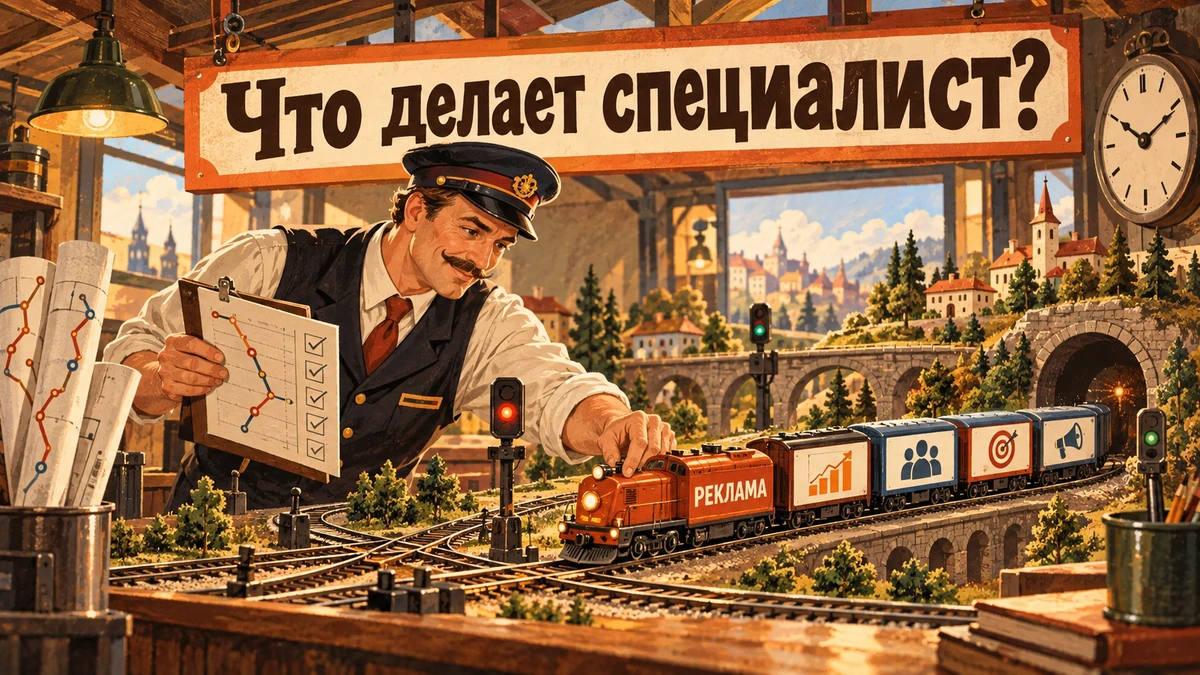 Ведение Директа: что входит в&nbsp;ежемесячную работу специалиста&nbsp;— иллюстрация с&nbsp;надписью «Что делает специалист?»