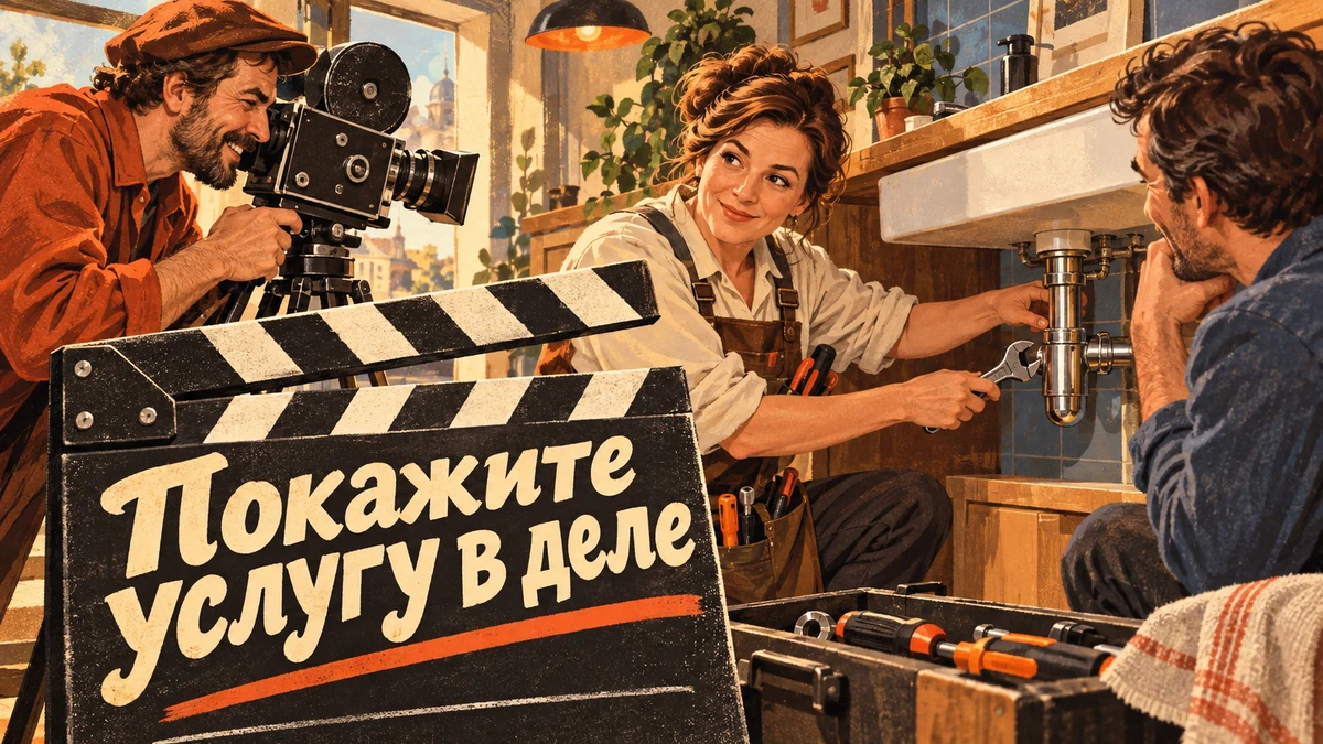 Видео на сайте услуг: когда помогает — иллюстрация с надписью «Покажите услугу в деле»