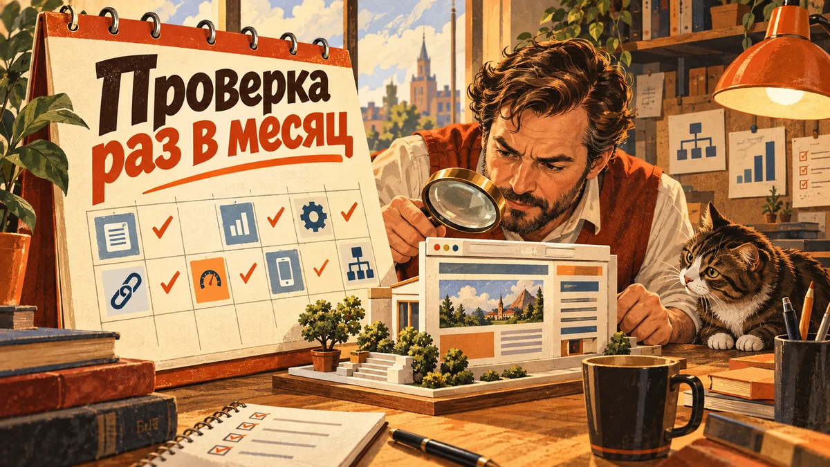 Яндекс Вебмастер: что проверять раз в месяц — иллюстрация с надписью «Проверка раз в месяц»