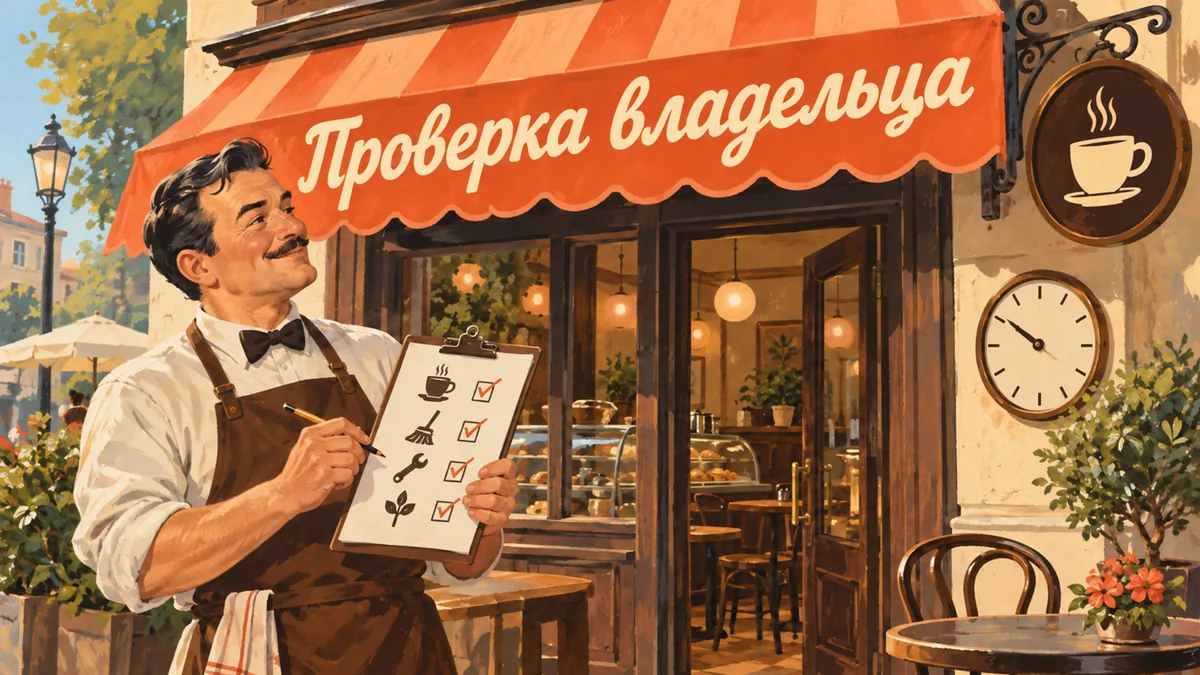 Владелец кафе проверяет витрину, вывеску и часы по чек-листу; надпись «Проверка владельца».
