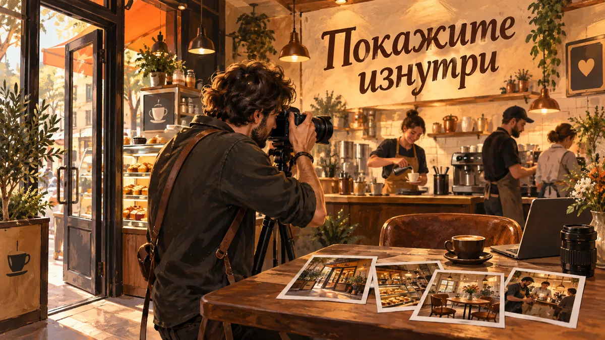 Фотограф снимает работающую команду кафе, рядом лежат готовые снимки интерьера; надпись «Покажите изнутри».