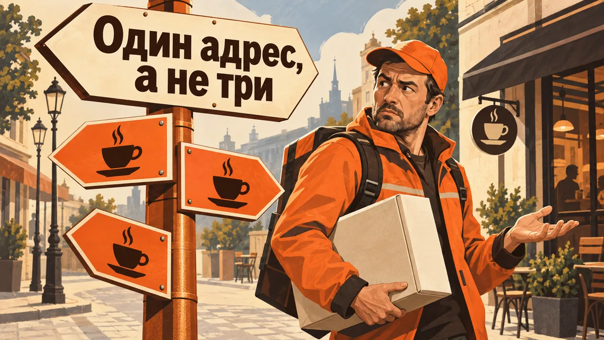 Курьер с коробкой выбирает между тремя противоречивыми указателями под надписью «Один адрес, а не три»