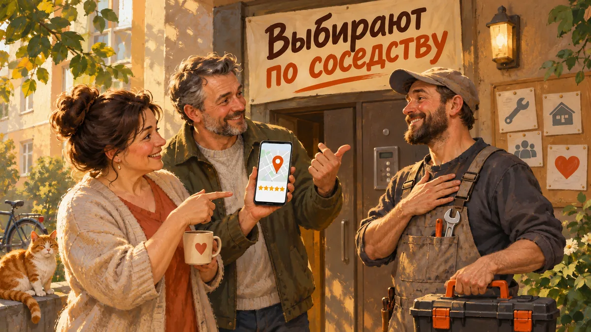 Соседи обсуждают мастеров возле подъезда, одна показывает телефон с картой и звёздами; надпись «Выбирают по соседству».