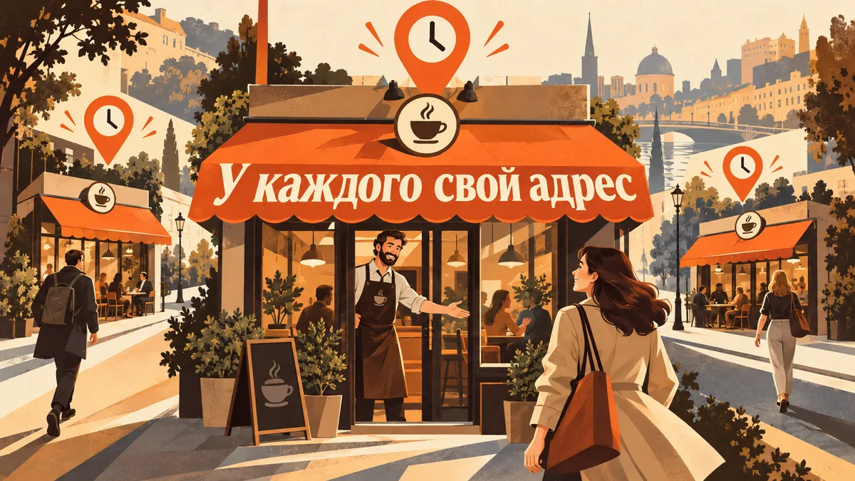 У трёх одинаковых кофеен на разных улицах отдельные метки карты и часы; надпись «У каждого свой адрес».