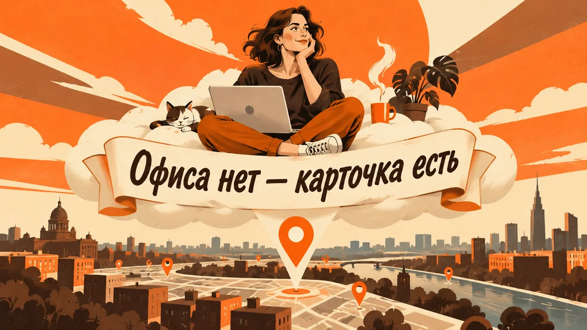 Фрилансер работает на облаке с ноутбуком, метка спускается на карту города; надпись «Офиса нет — карточка есть».