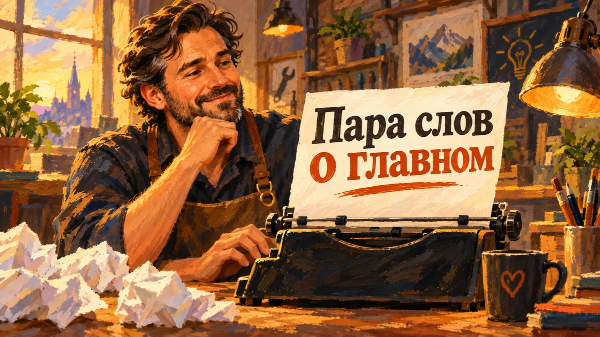 Владелец мастерской печатает краткую карточку компании на машинке среди скомканных черновиков; надпись «Пара слов о главном».