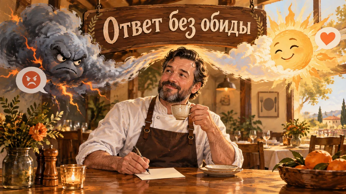 Спокойный хозяин ресторана пишет ответ на отзыв, гневная туча превращается в солнце; надпись «Ответ без обиды».
