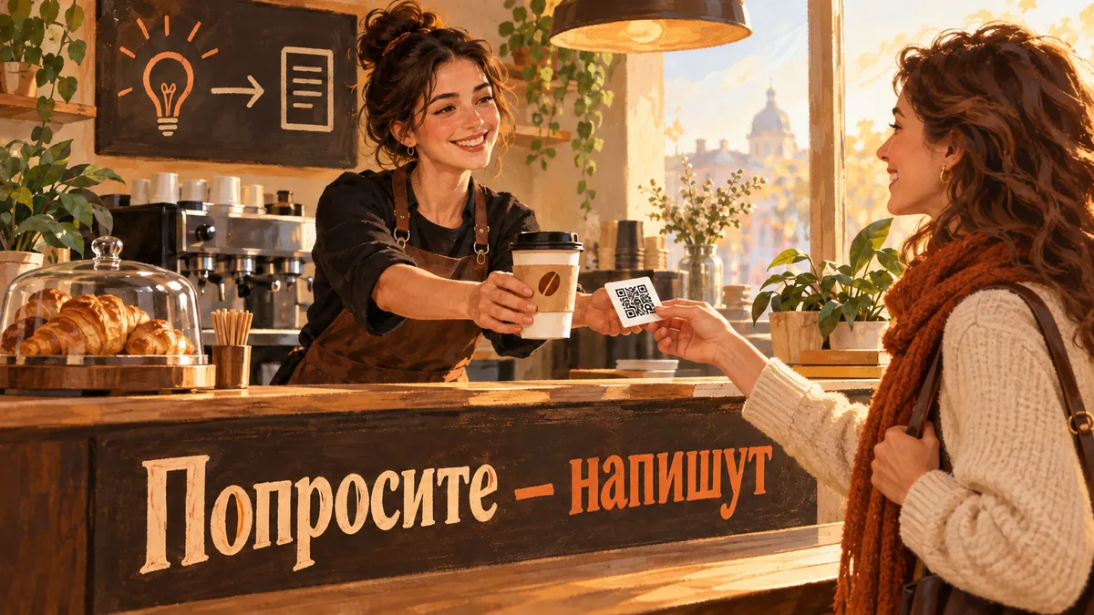 Бариста передаёт кофе и карточку с QR-кодом довольной гостье; надпись «Попросите — напишут».