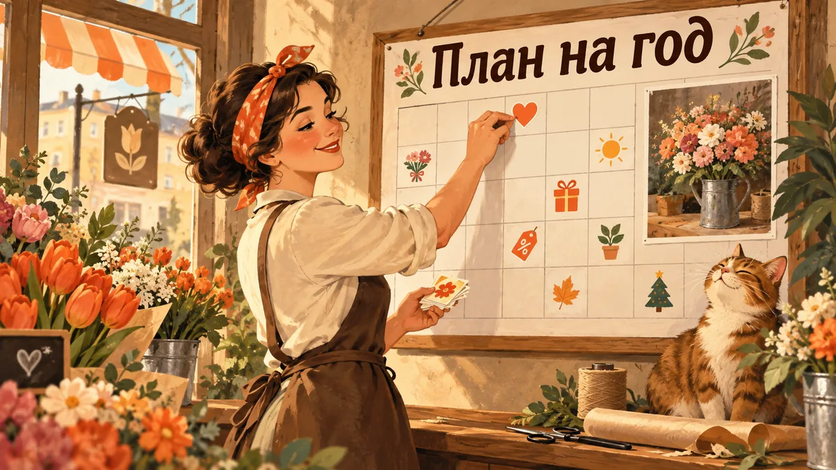 Хозяйка цветочного магазина вешает напоминание на календарь с пиктограммами событий; надпись «План на год».