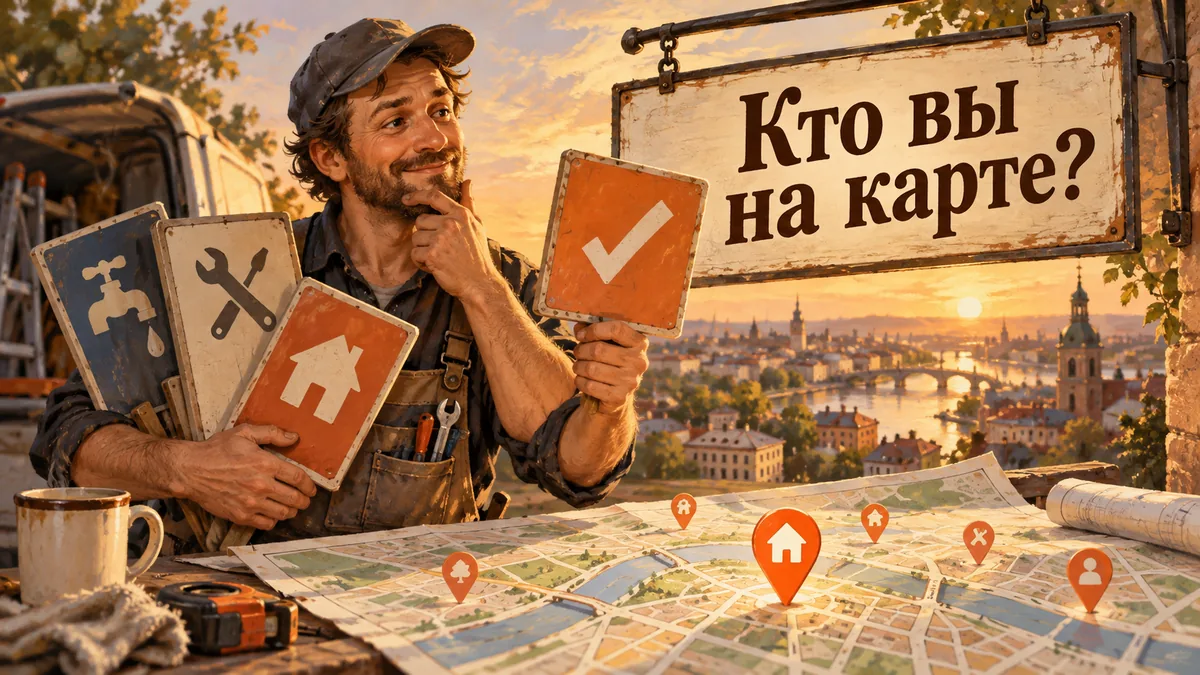 Мастер ремонта выбирает вывеску среди нескольких табличек над картой города; надпись «Кто вы на карте?».