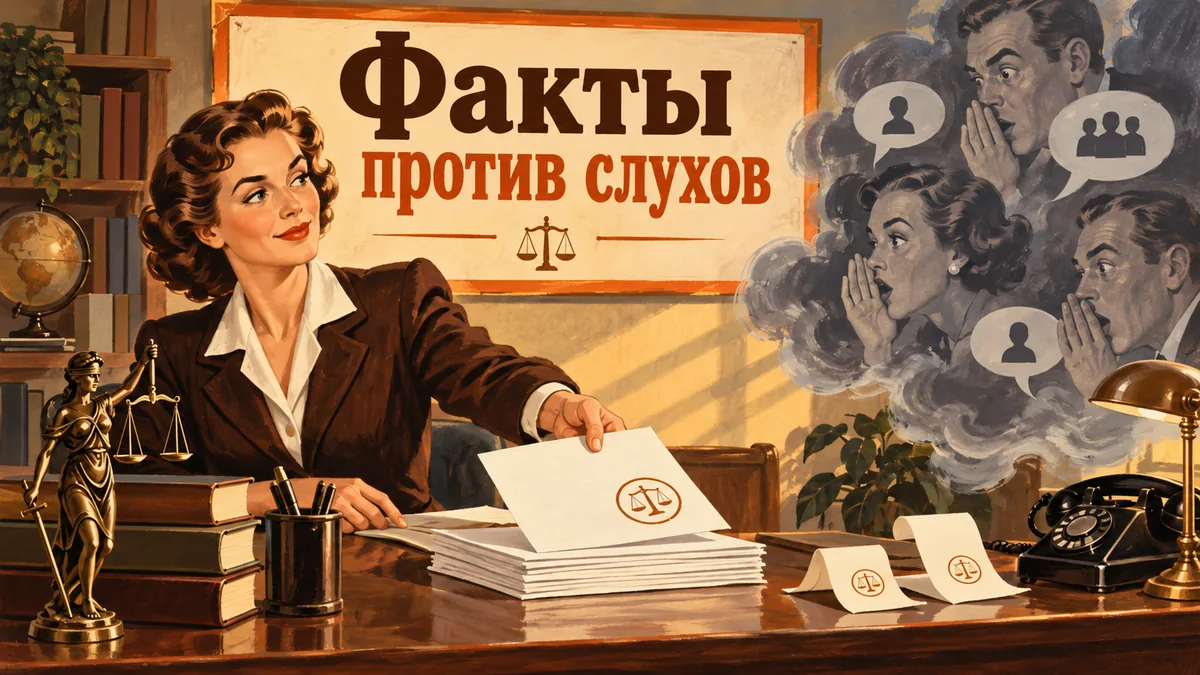 Юрист показывает документы с&nbsp;печатями напротив облака шепчущихся лиц; надпись «Факты против слухов».