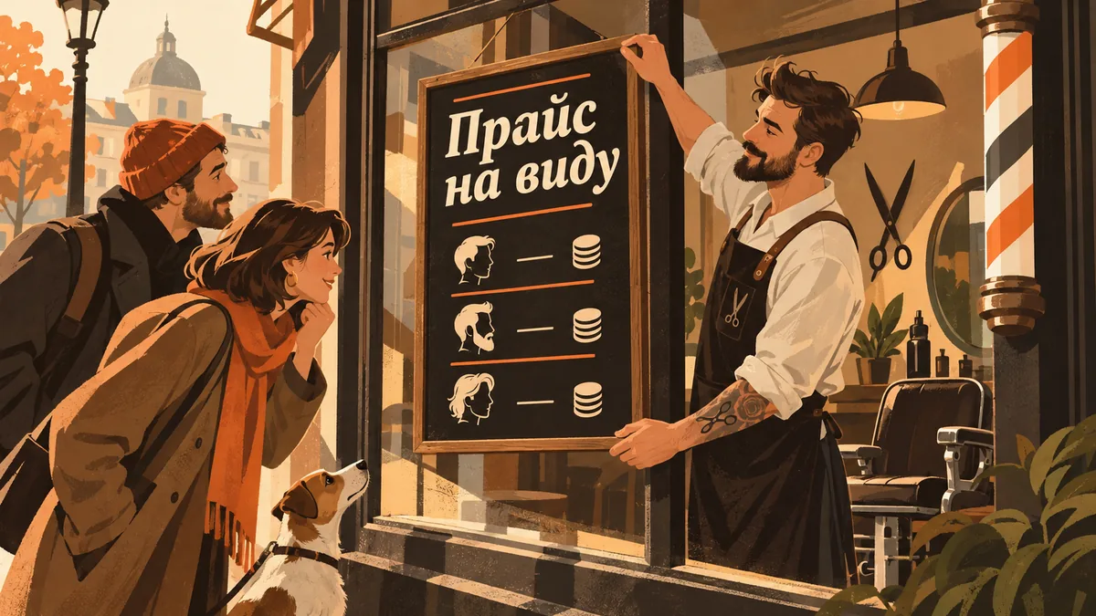 Барбер вывешивает доску с&nbsp;пиктограммами услуг и&nbsp;цен перед заинтересованными прохожими; надпись «Прайс на&nbsp;виду».