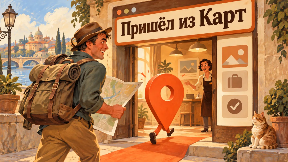 Турист с бумажной картой следует за меткой в дверь сайта; надпись «Пришёл из Карт».