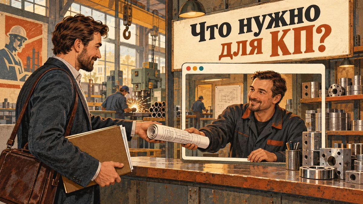 Покупатель передаёт чертёж и спецификацию менеджеру промышленной мастерской. Надпись «Что нужно для КП?».