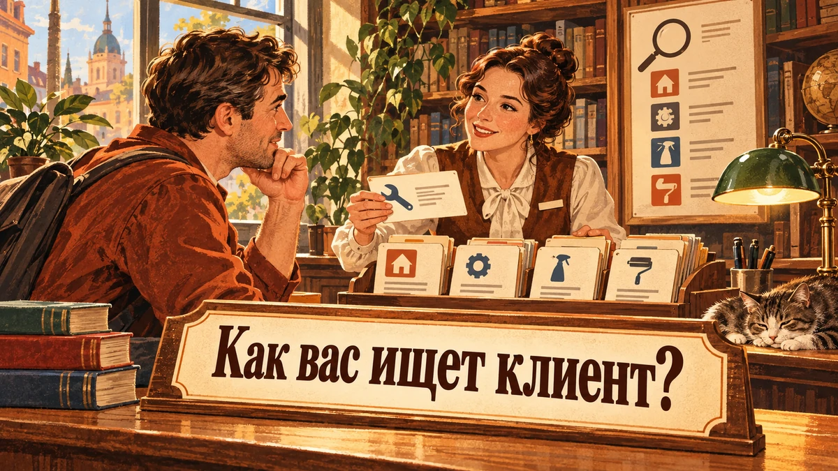 Как выбрать запросы для страницы услуги — иллюстрация с надписью «Как вас ищет клиент?»