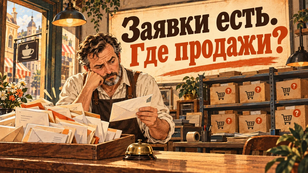 Заявки есть, продаж нет: где теряются клиенты&nbsp;— иллюстрация с&nbsp;надписью «Заявки есть. Где продажи?»