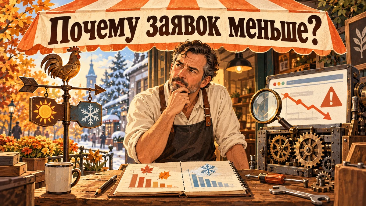 Заявок стало меньше: спад спроса или&nbsp;проблема на&nbsp;сайте&nbsp;— иллюстрация с&nbsp;надписью «Почему заявок меньше?»