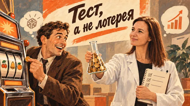 Мария в&nbsp;лабораторном халате предлагает предпринимателю колбу с&nbsp;монетами вместо игрового автомата; надпись «Тест, а&nbsp;не&nbsp;лотерея».