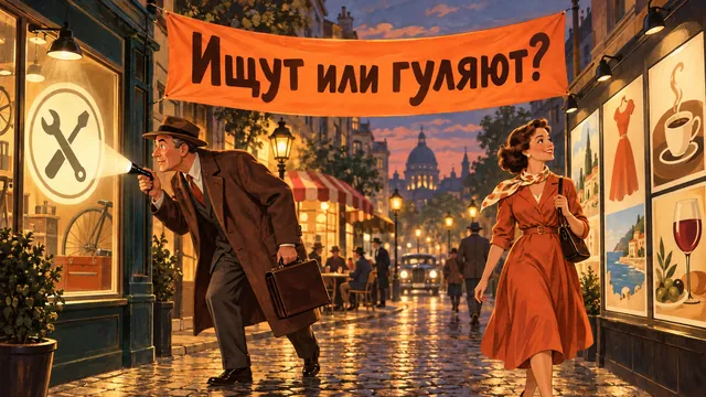 Один прохожий ищет вывеску с фонариком, а другая прохожая гуляет среди рекламных щитов под надписью «Ищут или гуляют?»