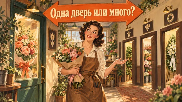 Флористка с букетом выбирает между одной витриной-дверью и коридором разных услуг под надписью «Одна дверь или много?»