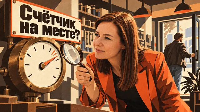 Мария с лупой проверяет счётчик в магазине под надписью «Счётчик на месте?»