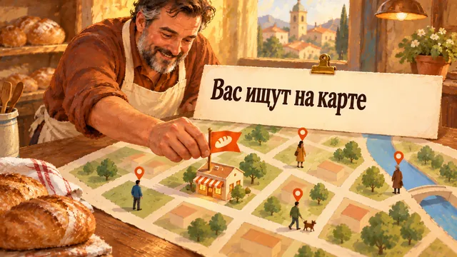 Пекарь ставит булавку своей пекарни на бумажной карте под надписью «Вас ищут на карте»