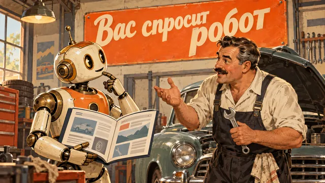 Владелец автосервиса с гаечным ключом отвечает роботу, читающему сайт как книгу, под надписью «Вас спросит робот»