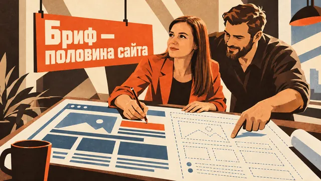 Мария и клиент заполняют чертёж сайта под надписью «Бриф — половина сайта»
