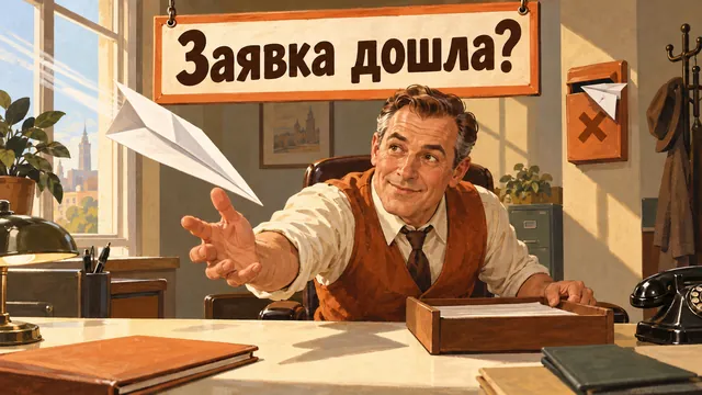 Менеджер встречает бумажный самолётик-заявку, пока другой застрял в почтовом ящике, под надписью «Заявка дошла?»
